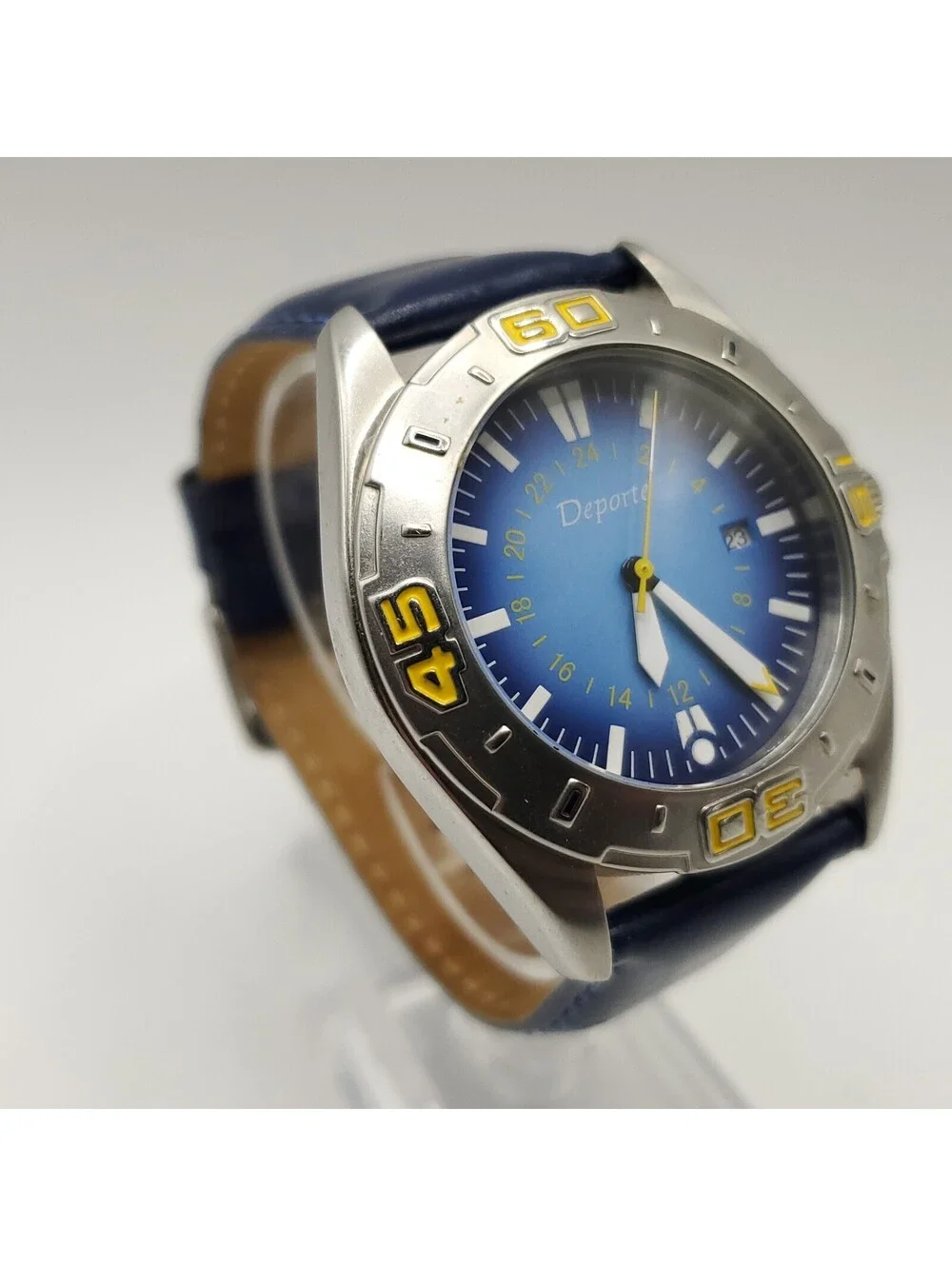 Deporte Mens 42mm Watch New Battery Blue/Yellow Date Dial  Blue Band